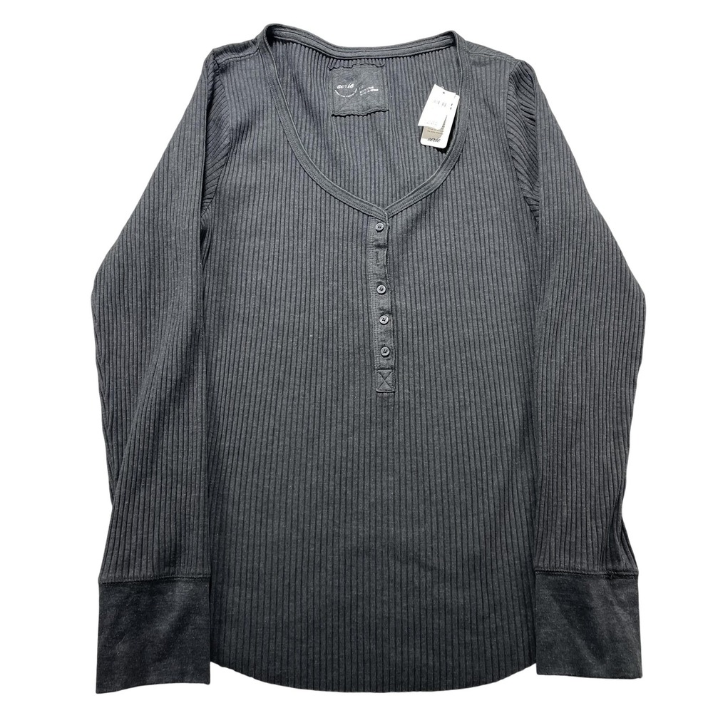 Aerie Shirt Womens Large Gray Ribbed Henley Long Sleeve Cotton Knit Tee NEW